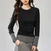 # 40 Hilos Algodón Peinado # Rayas Empalmadas de Diseño Camiseta Falsa de Dos Piezas Manga Larga Camiseta Base para Mujer Top Exterior de Otoño