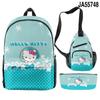 Nuevo producto 3D Cross-borDer: mochila escolar con diseño de Hello Kitty, bolso cruzado, estuche para lápices, conjunto de tres piezas con impresión