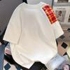 Camiseta Cinza com Laço e Estampa Xadrez de Amarrar Manga Curta para Mulheres, Design Estilo College Verão 2025 Top Meia-Manga