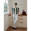 Estilo britânico despojado bonito sensação de luxo malha manga curta masculina verão fino respirável listrada camiseta estilo old money roupa masculina