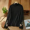 Camiseta de Manga Larga Cálida Estilo Nuevo Otoño e Invierno Doble Cara Retro Terciopelo Alemán Bordado Artístico Cuello Alto Étnico Negra