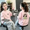 Camiseta de manga longa para meninas, algodão puro, casual, corte solto, estampa fofa, estilosa, para crianças maiores, segunda pele, blusa falsa de duas peças