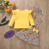 Conjunto Outono Halloween para Meninas Camiseta de Manga Longa Cor Lisa Saia de Suspensório Estampa de Leopardo Faixa de Cabelo Conjunto Elegante de Três Peças para Bebê