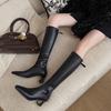 Botas de Cano Alto que Valorizam as Pernas para Mulheres, Outono e Inverno 2025, Salto Médio Bloco, Bico Quadrado Pequeno, Botas de Cano Alto Elásticas