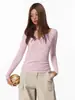 Camiseta Henley Feminina de Manga Longa 2026 Primavera/Outono Retrô Americano Slim Fit Camada Interna Malha Base Camada Base Roupa Externa