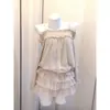 H Conjunto Vintage de Lunares Hombros Descubiertos Estilo Japonés Transparente Top Suave + Falda Conjunto de Dos Piezas Otoño Petite