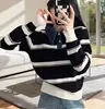 Suéter retrô em blocos de cor listrado com gola virada, estilo ins, para mulheres, novo top de malha denim descontraído outono e inverno com listras horizontais