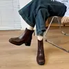 Botines de Tacón Grueso para Mujer 2026 Nuevos Otoño/Invierno Punta Cuadrada Estilo Francés Botines Cortos Tacones Altos Adelgazantes Calidez con Terciopelo Botas Martin