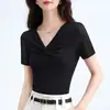 2026 Camiseta de Malha com Decote V Cruzado Feminina Verão Preta Irregular Top Camada Base Dança Feminina Top de Malha para Dança