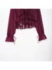 Blusa Feminina Marca Z com Babados e Decote V, Estilo Europeu e Americano Moderno, Cor Vinho Francês da Moda, Leste Za