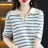 26 Verano Nuevo Estilo Algodón Puro Tejido Cuello Solapa Botón Único Manga Corta Rayas Finas Camiseta Básica Versión Coreana Ropa Sencilla para Mujer