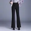 Calça pantalona moderna, outono e inverno de 2026, calça flare preta longa de cintura alta para afinar, calça de algodão com forro de fleece estilo fishtail para o trabalho