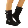 Comercio exterior transfronterizo botas casuales de punto de gran tamaño con puño, doble hebilla, suela plana, plisadas, apiladas, botas de gamuza negra de media pantorrilla para mujer