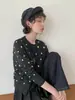 ¡Chiwu STUDIO! Cárdigan de punto de lunares gris oscuro, nuevo estilo otoño/invierno, abrigo suéter retro de cuello redondo para mujer