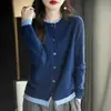 2026 Estilo Coreano Outono Inverno Peça Falsa de Duas Peças Tricô Gola Redonda Cardigan Feminino Sweater Coat Color Block Manga Longa Solto Outerwear