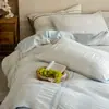 Conjunto de quatro peças estilo japonês vintage Classe A, 100% algodão, com padrão espinha de peixe, capa de edredom jacquard, lençol, roupa de cama com textura amassada branca e azul