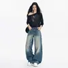 Pantalones casuales transfronterizos estilo retro americano 2026 con cintura y dobladillo de puño, lavados y desgastados, corte recto de pierna ancha, jeans de largo hasta el suelo