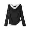 Suéter de Punto Tencel Falso Dos Piezas con Cuello Volante para Mujer, Nuevo Diseño Otoño 2026, Top Básico de Manga Larga con Detalle en la Clavícula