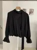 KEKEZOON Blusa Elegante de Outono para Mulheres, Estilo Maduro, Gola V, Texturizada, Manga Sino, Cor Sólida, Top para o Trabalho 8740