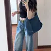 Jeans Anchos Lavados en Azul Vintage para Mujer, Otoño Delgado Estilo High Street Americano, Pantalones de Pierna Recta Sueltos de Tiro Bajo hasta el Suelo