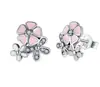 Pendientes de Plata S925 con Gota de Pegamento Multicolor Flor de Cerezo Rosa Poema Floreciendo Tres Flores Europa y América
