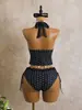 Traje de baño de dos piezas bikini de cintura alta con lunares retro europeo, halter, pierna dividida, para mujer, para playa, con cordones, transfronterizo