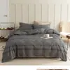 Juego de Cuatro Piezas de Algodón Puro Estilo Japonés de Lujo Ligero, Estilo Sencillo, Funda Nórdica con Tejido Jacquard Lavado, Funda de Colcha, Sábana Ajustable, Sábana Plana, Ropa de Cama