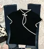 Top de color liso estilo chino nuevo Y2K, moda transfronteriza, estilo europeo y americano, corte ajustado, manga corta, con cuello abotonado, modelo nuevo para tiendas independientes