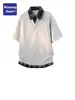 Camiseta de Manga Curta com Gola, Patchwork Xadrez, Falsa Peça Dupla, Estilo Simples e Minimalista para Homens