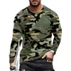 Camiseta de manga larga con cuello redondo, estampado geométrico y de camuflaje, camiseta con estampado de camuflaje 3D, 100% poliéster, cuello redondo