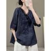 Nova chegada de verão bordado rami all-match moda algodão linho camisa top vintage camisa feminina solta manga curta feminina