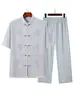 Traje Tang de seda gelada de manga curta fino para homens de meia-idade e idosos, roupa casual Tai Chi para pais, terno estilo chinês do vovô