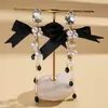 Pendientes de Borla con Lazo de Cinta de Perla Artificial y Cristal Incrustados de Pedrería Estilo Europeo y Americano, Pendientes de Moda Transfronteriza de Alta Gama para Mujer