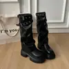 Botas femininas longas, novo estilo outono e inverno, com sola grossa e fivela, 2026 jeans tendência western, com cinto, elásticas, moda retrô, botas de moda