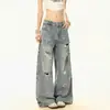 Calça jeans feminina retro americana com estampa de estrelas rasgada, verão, corte solto, modelagem que afina a silhueta, lavada, perna reta, versátil, comprimento total