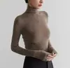 Elegante camisa base de punto gris de cuello alto para mujer, suéter suave de ajuste ceñido para otoño e invierno con cuello superpuesto