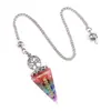 2122-Péndulo de Grava de Cristal Natural Colorida Bronce Plata Oro Resina Símbolo de Siete Chakras Péndulo Hexagonal Cónico