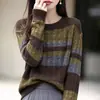 Retro Colorful Striped Cable Knit Sweater Women's Autumn Winter Lurex Contrasting Stripes Loose Lazy Round Neck Warm Base Layer