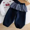Sudadera de Felpa con Forro de Felpa para Niñas Coreanas de Invierno, Dibujos Animados Lindos y Dulces de Kt Cat + Conjunto de Leggings de Cuadros tipo Linterna con Forro de Felpa