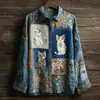 2025 Nova Camisa de Lapela Europeia e Americana Transfronteiriça Primavera e Outono Feminina Estampada 3D Literária Solta de Manga Longa Tops para Mulheres