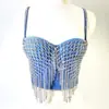 Colete jeans estiloso de rua para garota sexy e quente, espartilho de espinha de peixe estilo rock de grupo de meninas com grade triangular e franjas, camisole cropped