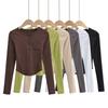 Liquidación Tendencia de Fotografía Callejera Estilo Europeo y Americano Nuevo Otoño para Mujer Hebilla de Uña para Mujer Camisa Base Bolsillo Camiseta Top de Color Sólido
