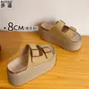 Versão em Couro de Vaca Sandálias Aumentadoras de Altura com Solado Grosso de 8cm para Mulheres Baixas, Confortáveis para os Pés, Sandálias de Bico Aberto para Uso Externo no Verão, Sandálias Estilo Birkenstock