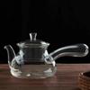 Bule de vidro borossilicato alto estilo chinês com listras laterais, bule de flores de vidro, bule para cozinhar, cabo longo com filtro, bule