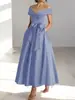 Amazon Europeo y Americano Vestido de Satén para Mujer Color Sólido Hombros Descubiertos Longitud Media Vestido de Fiesta de Noche Elegante y Ceñido