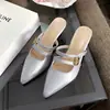 Mules de Cuero Suave de Punta Cerrada para Verano, Elegantes Tacones Altos Negros de Punta Fina con Adornos Metálicos y una Sola Tira, Adecuados para Moda Madura
