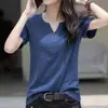 Camiseta suelta de manga corta con cuello en V para mujer, adelgazante, versión coreana de verano 2026, talla grande, color liso, top simple de manga corta