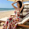 Tirantes AjustablesVestido de playa estilo vacacional, nuevo modelo de verano con estampado de pintura al óleo, vestido de cola de pez con cinturón ajustador en la cintura
