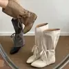 Botas de Montar de Encaje Retro First Encounter con Punta Aguda para Mujer 2026 Nuevo Estilo con Tacón Oculto y Diseño de Caña Ancha Versátiles