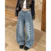 Chao Li tem estoque Jeans de Perna Larga com Botão Lateral Feminino Outono Novo Reto Cintura Alta Design Retro Sense Calças Compridas